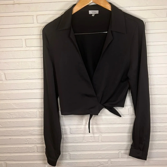 Tobi Black Every Time Tie Front Long Sleeve Crop Top, Women’s Size Medium - Picture 2 of 8